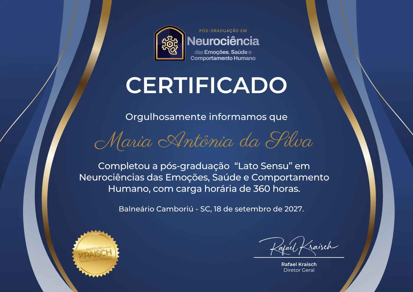 Modelo do certificado de conclusão da especialização, emitido pelo Instituto Kraisch