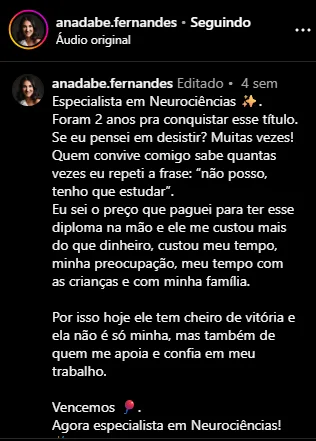 Mensagem de aluno sobre o resultado na profissão